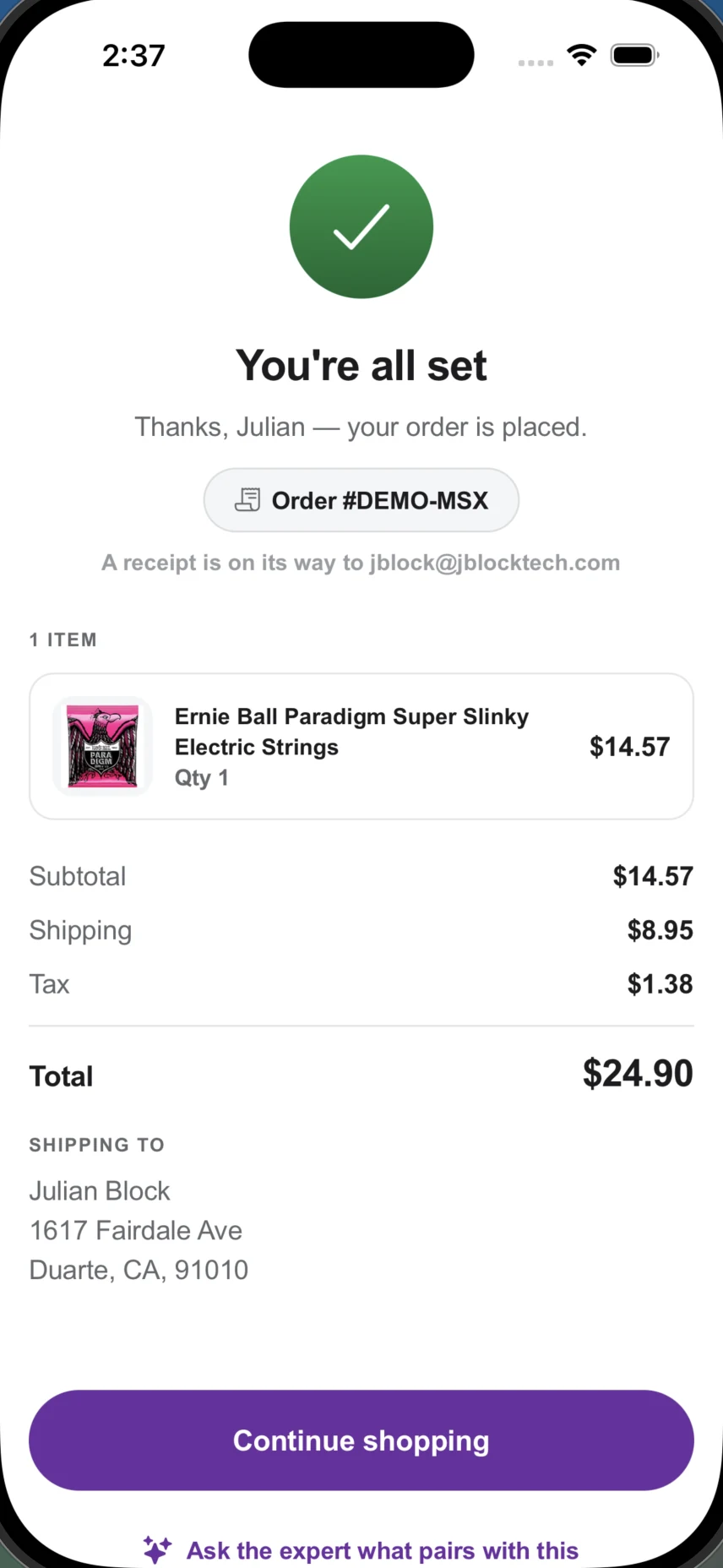 An order confirmation screen