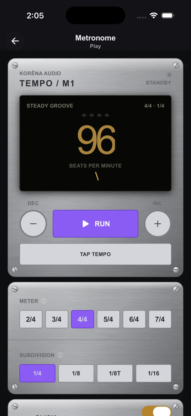 The metronome at 96 beats per minute in 4/4