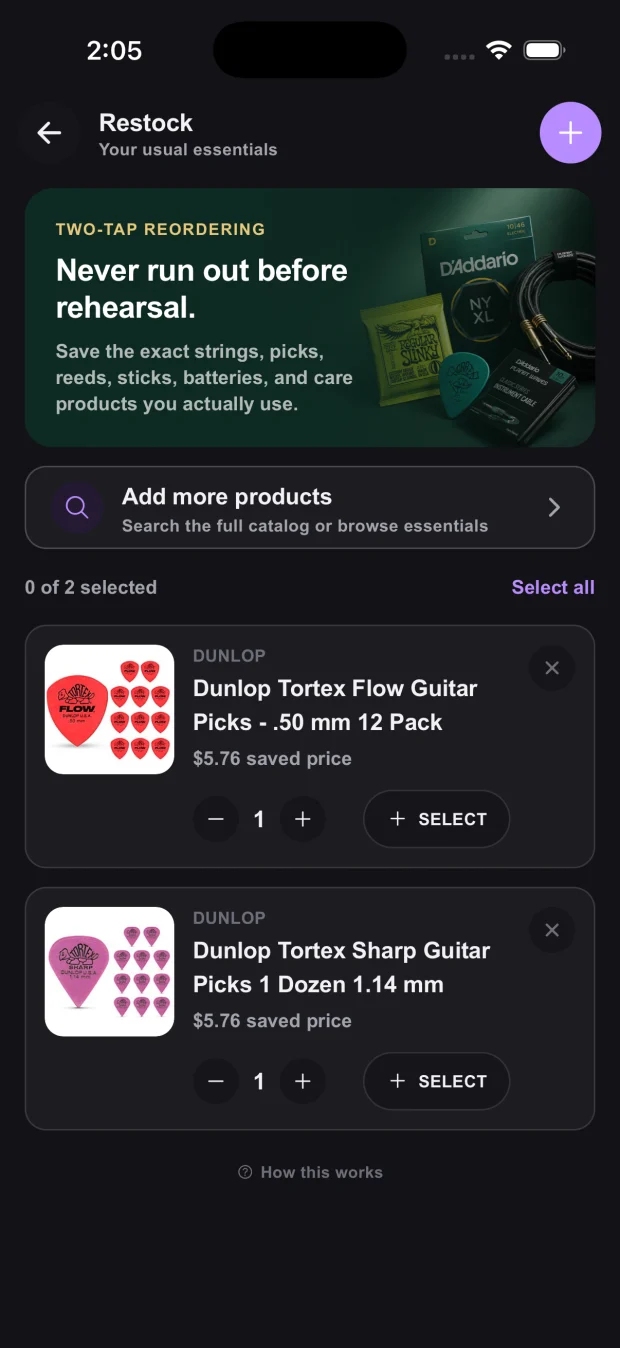 The restock shelf with saved strings, picks and cables