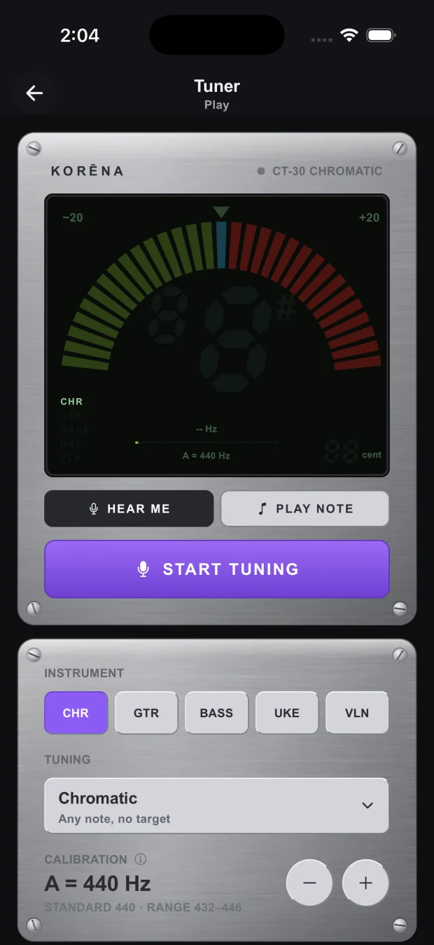 The Korena chromatic tuner: a cents dial above a seven-segment note readout